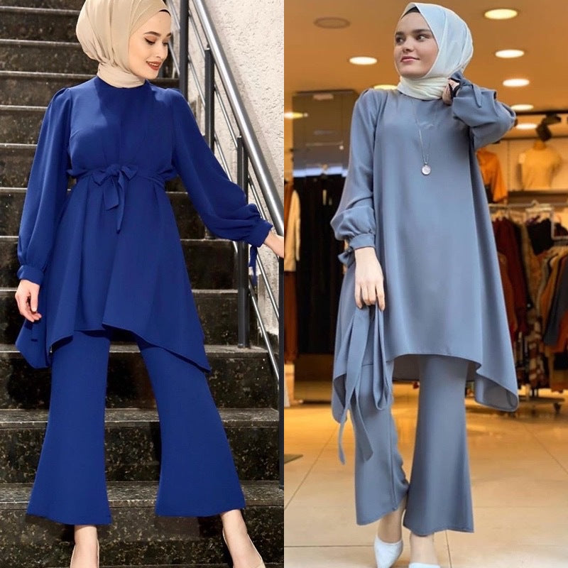 2pcs Muslim Women Abaya Casual Tops Blouse Wide Leg Pants Set Dubai Islam  Outfit