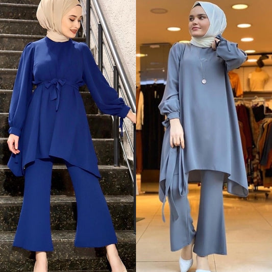 2pcs Women Long Sleeve Tops Pants Two Piece Set Dubai Abaya Muslim Dress Skirts