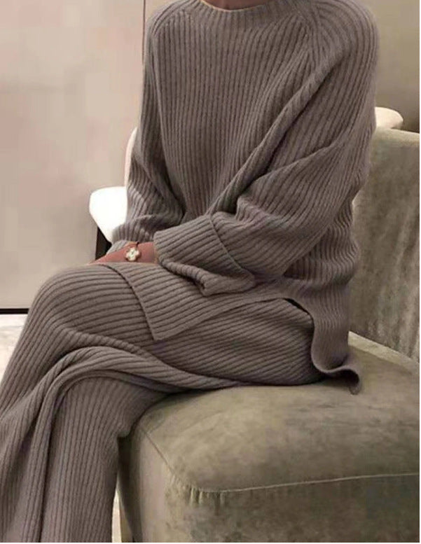 Women's Long-Sleeved Solid Color Knitted Casual Suit