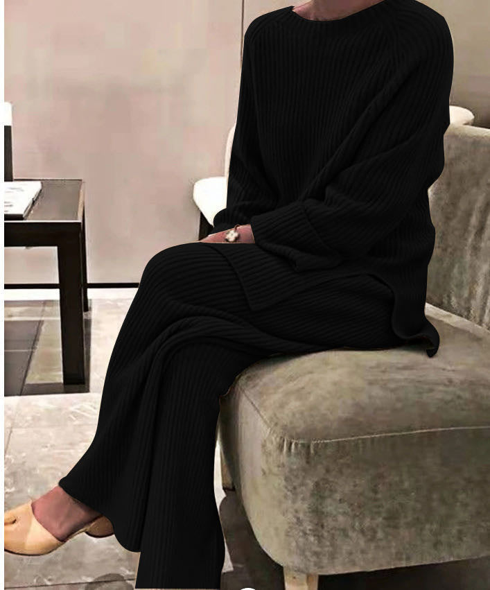 Women's Long-Sleeved Solid Color Knitted Casual Suit