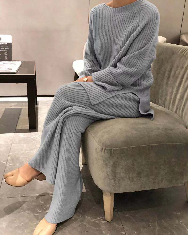 Women's Long-Sleeved Solid Color Knitted Casual Suit