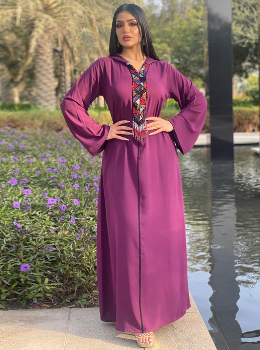 Hooded purple Dress with diamond tassels