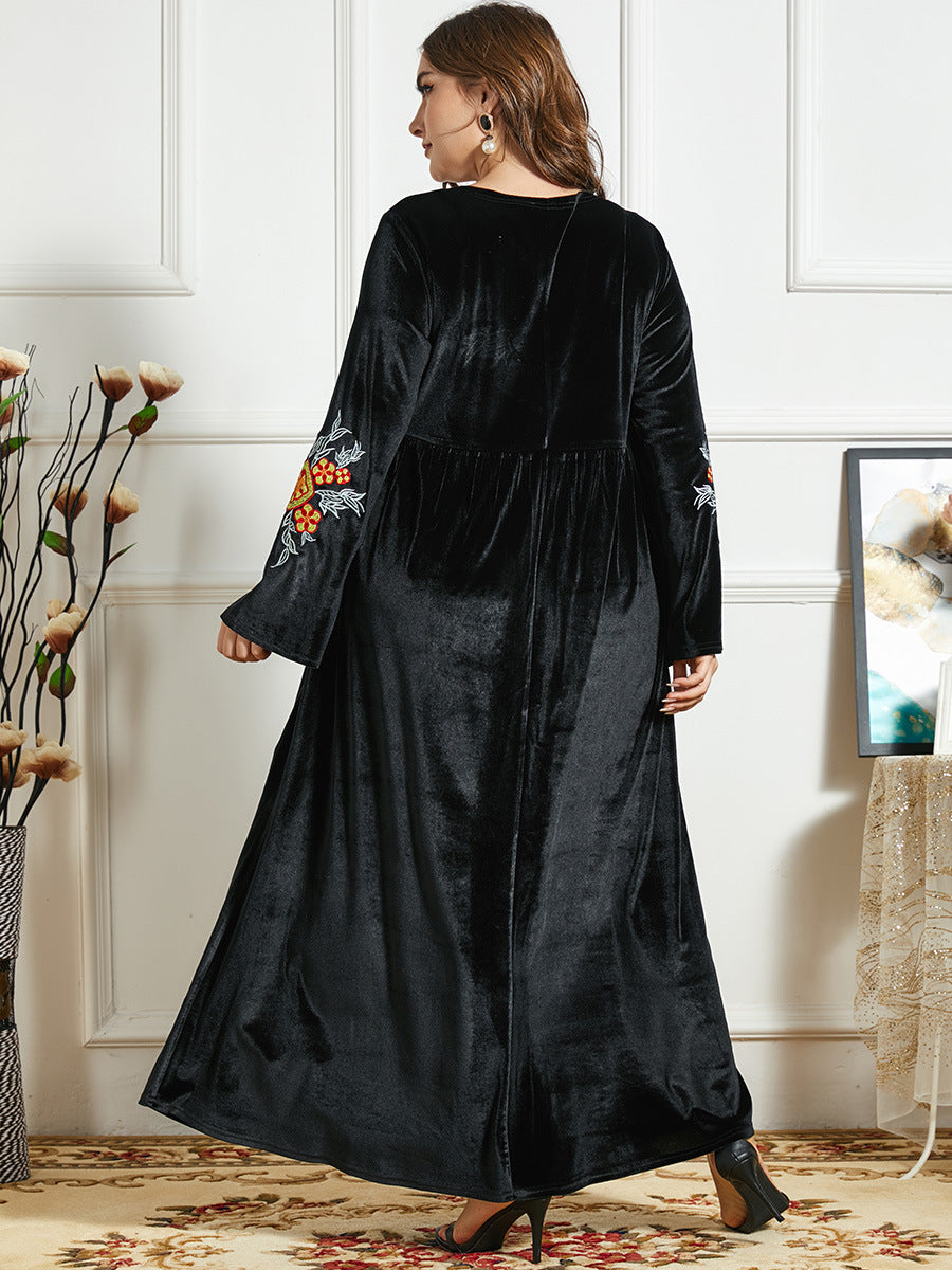 Women Thickened Gold Velvet Ethnic Embroidery Casual Comfortable Long Skirt Arab Robe