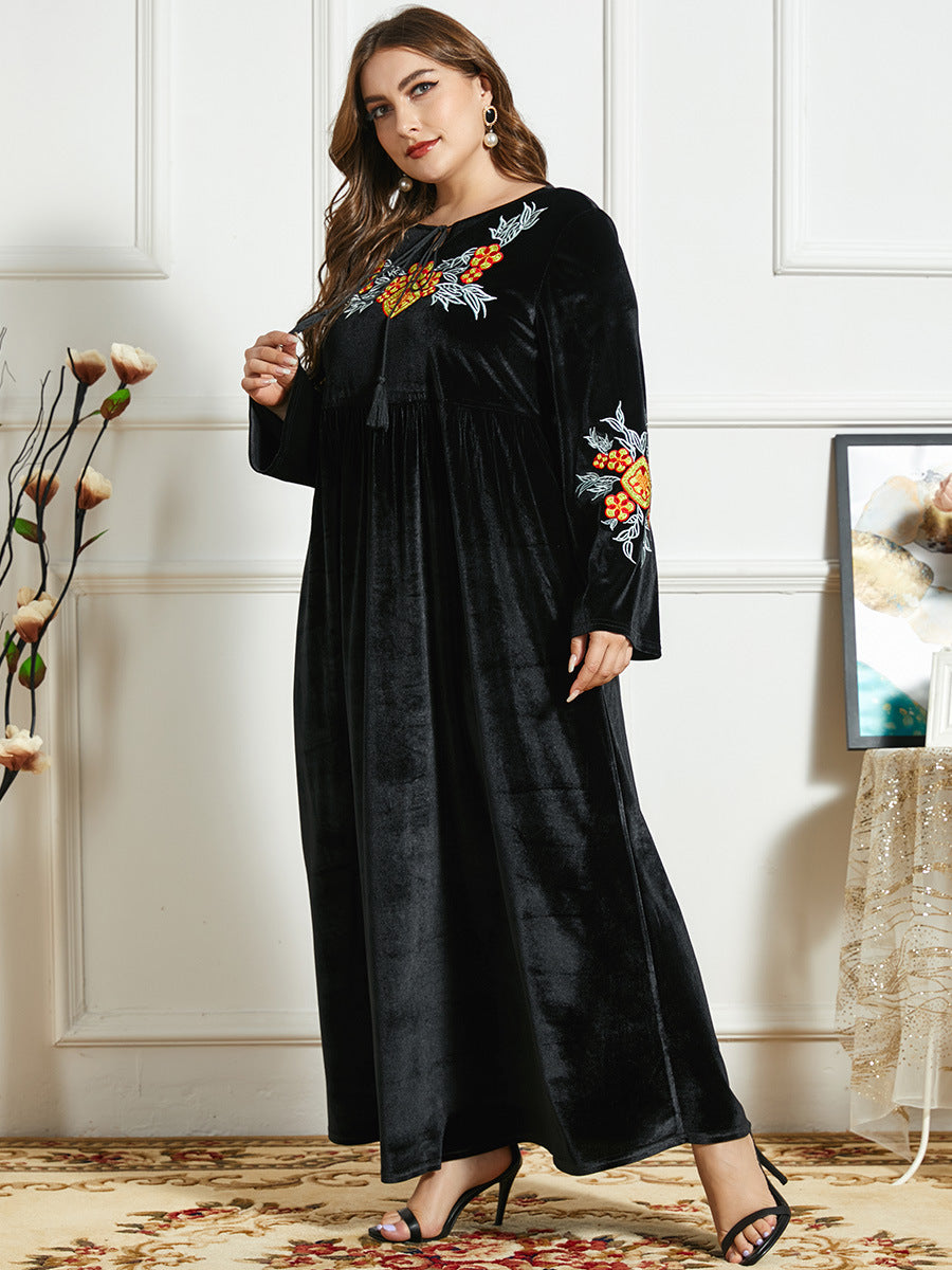 Women Thickened Gold Velvet Ethnic Embroidery Casual Comfortable Long Skirt Arab Robe