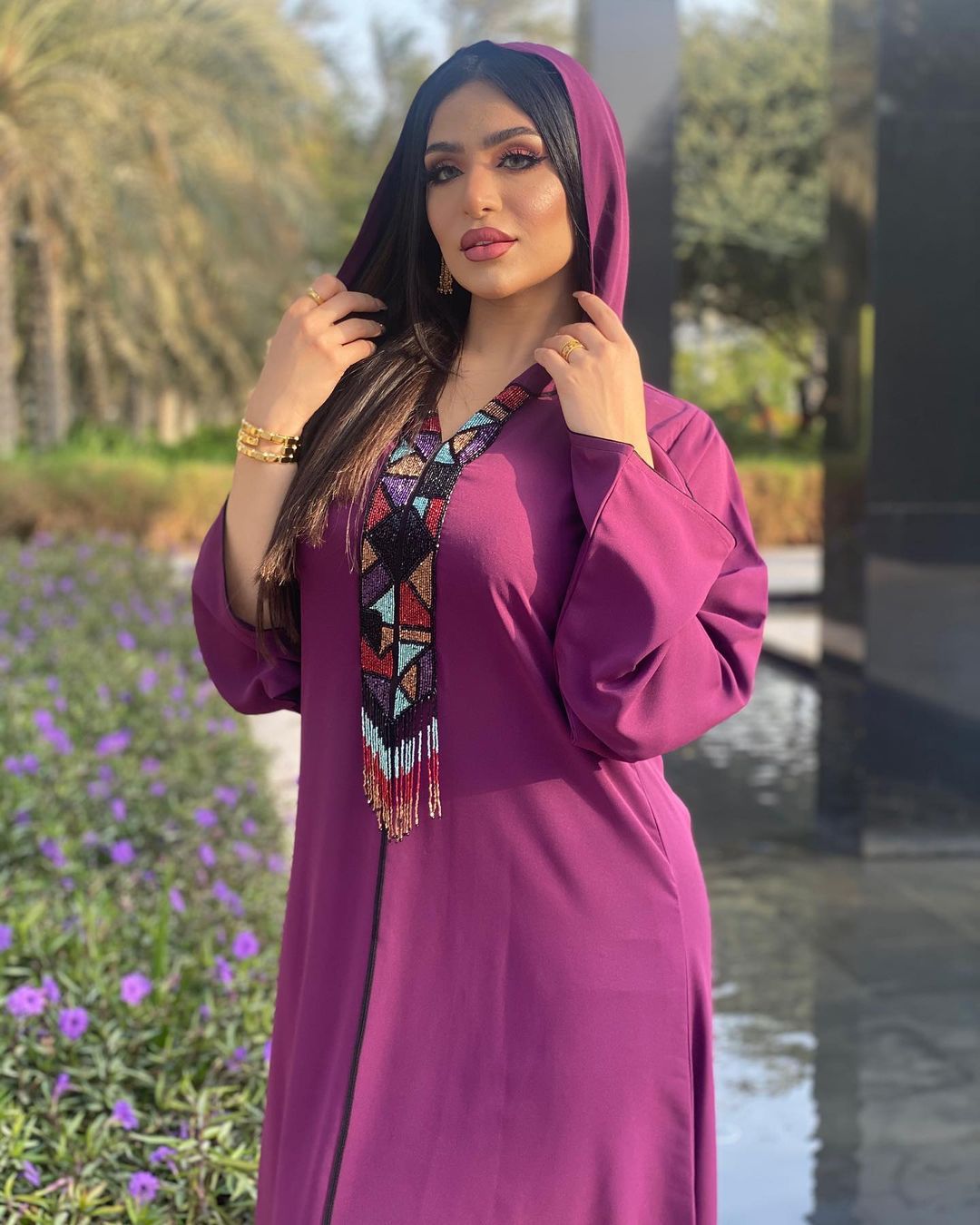 Hooded purple Dress with diamond tassels