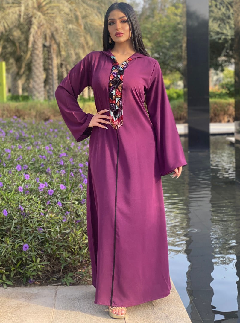 Hooded purple Dress with diamond tassels